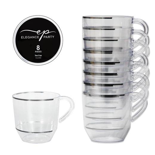 36288, Elegance Party 8PK 12.5oz Tea Cup Clear+Silver, 191554362888