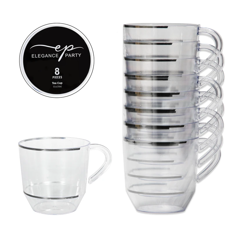Elegance Party 8PK 12.5oz Tea Cup Clear+Silver