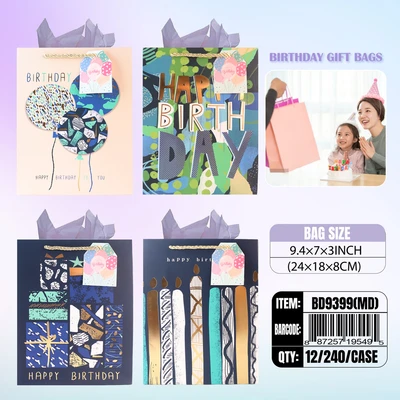BD9399-MD, Birthday Gift Bags MD.Assorted x4  9.4"x7.1"x3.2", 887257195495