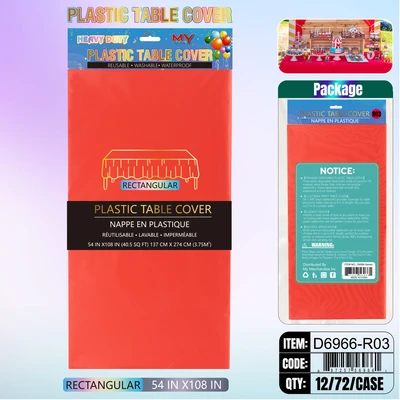 D6966-R03, Plastic Table Cover Red Rectangular 54"x108", 887257572432
