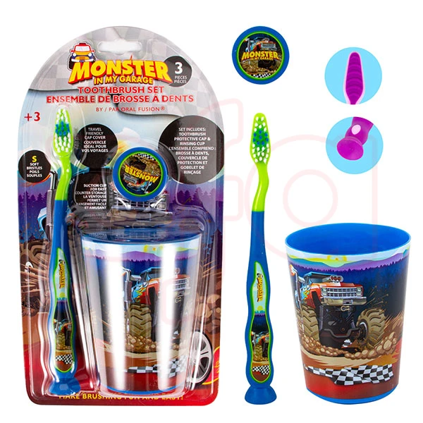 68054, Oral Fusion Kids Toothbrush 3PK w/ Cup Monster Truck, 191554680548