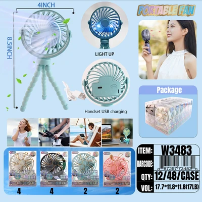 W3483, Rechargeable Portable Fan Light Up Assorted Color/PDQ, 887257734830