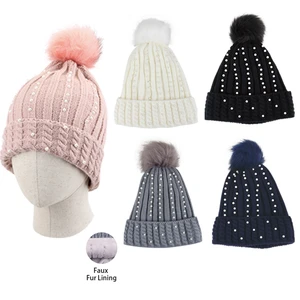 10141, Thermaxxx Ladies Pom Pom Hat w/ Fur lining Pearls, 191554101418