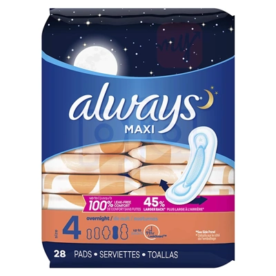 ALW-77157, Always Maxi 28ct Size 4 Overnight Unscented, 037000386018