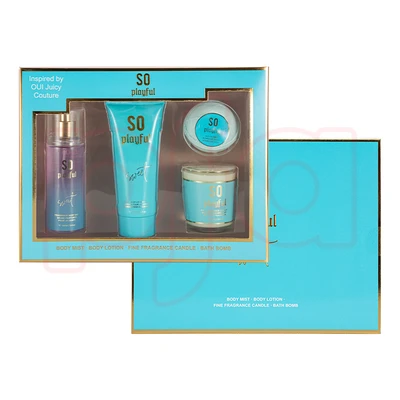 89473, Women's 4pcs Set  SO PLAYFUL 3.4fl.oz Body Mist 3.4fl.oz Body Lotion 3oz Candle 2oz Bath Bomb, 191554894730