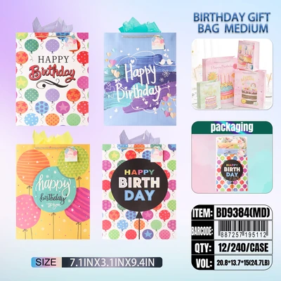 BD9384-MD, Birthday Gift Bags MD.Assorted x4 Styles  7"x3.1"x9.4", 887257195211