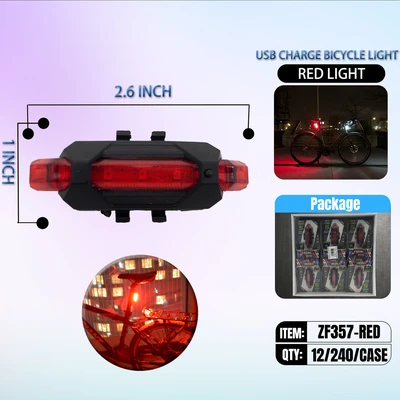 ZF357-RED, BIKE Red USB Recharge Rear Light, 887257003578