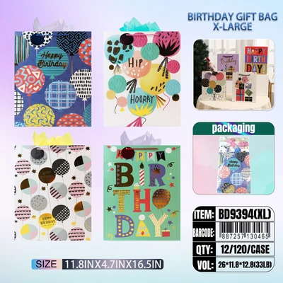 BD9394-XL, Birthdays Gift Bags XL. Assorted x4 Styles 12.2"x4.7"x16.5", 887257130465