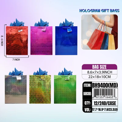 BH9400-MD, Holohgram Gift Bags MD Asstd.x6 Color 8.6"x7"x3.9", 887257194023