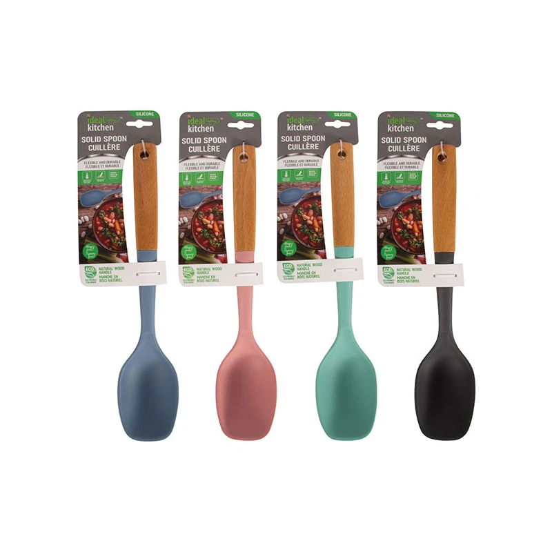 Ideal Kitchen Silicone w/ Wood Handle Solid Spoon