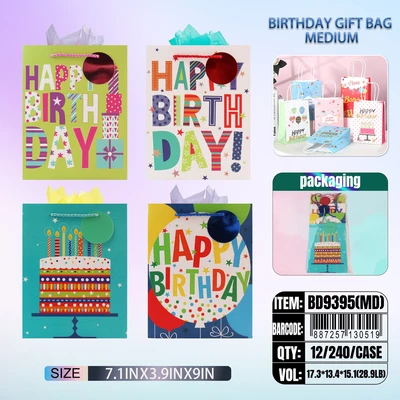 BD9395-MD, Birthdays Gift Bags MD. Assorted x4 Styles  7.1"x3.9"x9", 887257130519