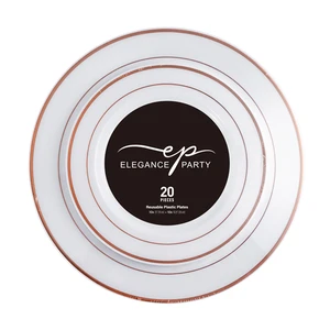 36233, Elegance Plastic Plate 7.5" and 10.25" White +2 lines Rose Gold 20Pcs, 191554362338