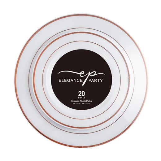 36233, Elegance Plastic Plate 7.5" and 10.25" White +2 lines Rose Gold 20Pcs, 191554362338