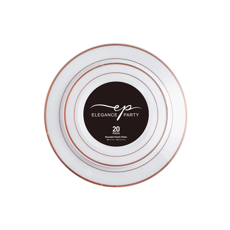 Elegance Plastic Plate 7.5" and 10.25" White +2 lines Rose Gold 20Pcs