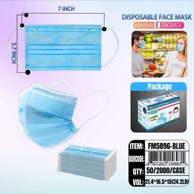 FM5896-BLUE, Blue Disposable Face Mask 50/Box Individual Package, 887257158971