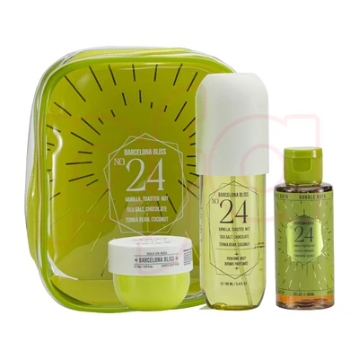 89496, Solo En Ibiza Women's 3pcs Bag Set BARCELONA BLISS 24 3.4ozBodyMist 2ozBubbleBath 1.02ozBodyButter, 191544894962