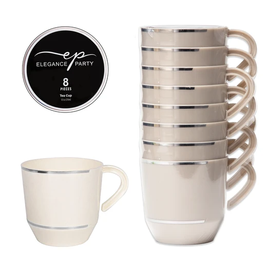 36351, Elegance Party 8PK 12.5oz Tea Cup Linen+Silver, 191554363519