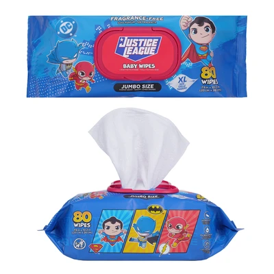 DC69343, Justice League Baby Wipes Jumbo 80CT Fragrance Free, 191554693432