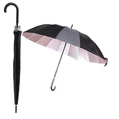 46005, Umbrella Black Long Silver Lining HD, 191554460058