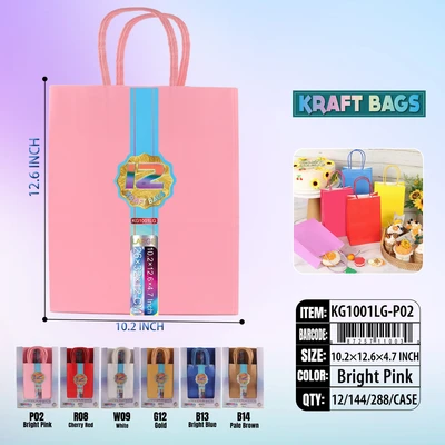 KG1001LG-P02, Kraft Bags LG. Royal Pink 12/Pk 12.6"x10.2"x4.7", 887257110030