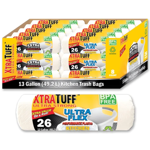 30107, XtraTuff Ultra Strong & Flex White Tall Kitchen Trash Bags 13Gal 26CT, 191554301078