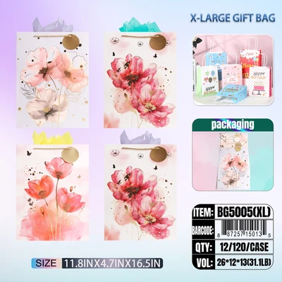BG5005-XL, General Gift Bags XL.Assorted x4  11.8"x4.7"x16.5", 887257150135