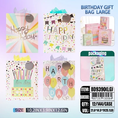 BD9390-LG, Birthday Gift Bags LG.Assorted x4 Styles 10.2"x3.9"x12.6", 887257130564