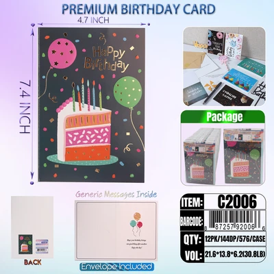 C2006, Birthday Premium Card Generic Messages Inside 12/PVC (144DP), 887257920066