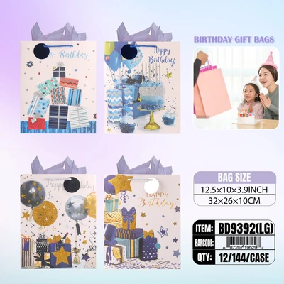 BD9392-LG, Birthday Gift Bags LG.Assorted x4 12.5"x10.2"x3.9", 887257195297