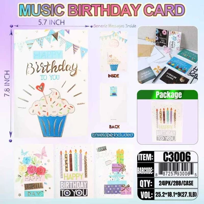 C3006, Birthday Greating Music Card 4x Assorted, 887257930065