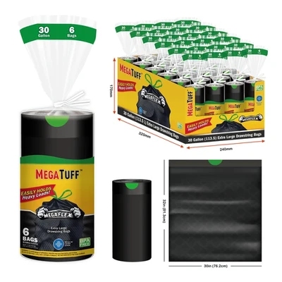 30182, MegaTuff MegaFlex Extra Large Drawstring Trash Bags 30Gal 6CT, 191554301825