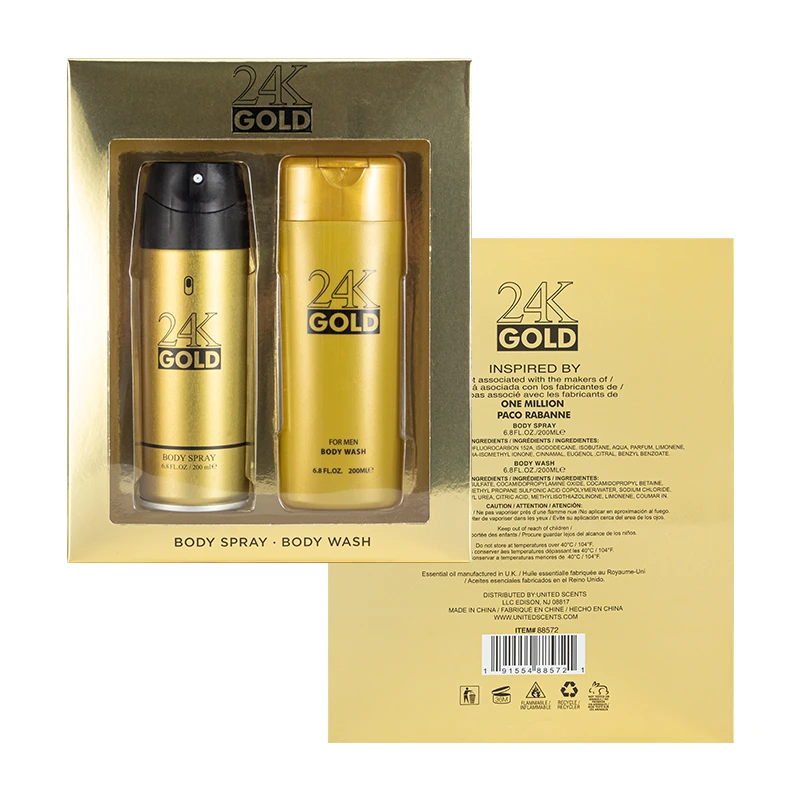 Men's Aerosol Cans 2pcs Set 24K GOLD 200ml/6.8fl.oz Body Spray + 200ml/6.8fl.oz Body Wash