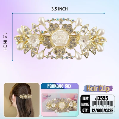 J3555, Hair Clip 3.5″ Inch with  Pearl, 887257835551