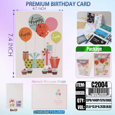 C2004, Birthday Premium Card Generic Messages Inside 12/PVC (144DP), 887257920042
