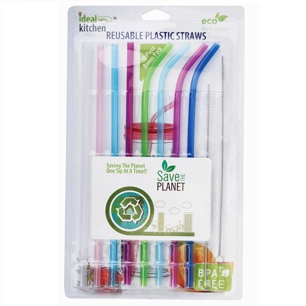 39105, Ideal Kitchen Plastic Straw Reusable 8PK + 2 Cleaner, 191554391055
