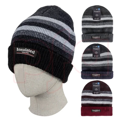 10004, Insulated  Winter Knit Hat Men Stripes Light w/ Faux Fur Lining, 191554100046