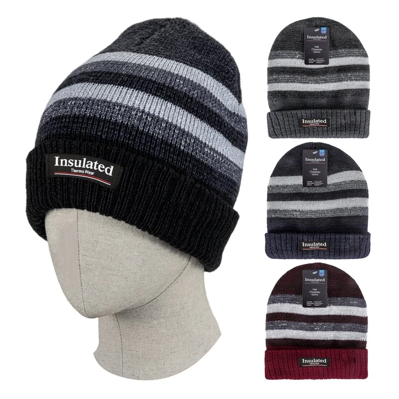 Insulated Winter Knit Hat Men Stripes Light w/ Faux Fur Lining