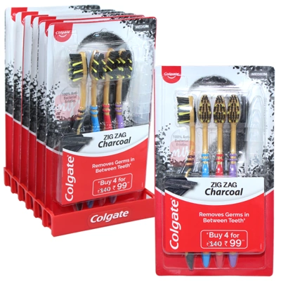 CTB-ZZ4CL, Colgate Toothbrush Zig Zag 4PK w/ Cover Charcoal LABELLED, 8901314525055