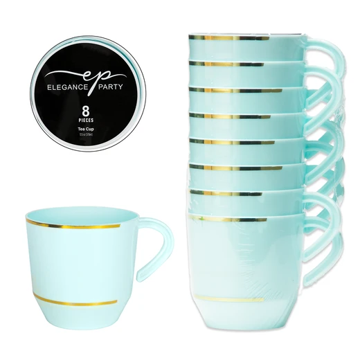 36334, Elegance Party 8PK 12.5oz Tea Cup Mint+Gold, 191554363342