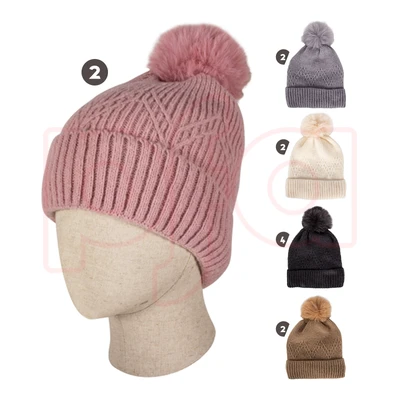 10146, Cindy Claire Ladies Pom Hat w/Fur Lining Knit, 191554101463