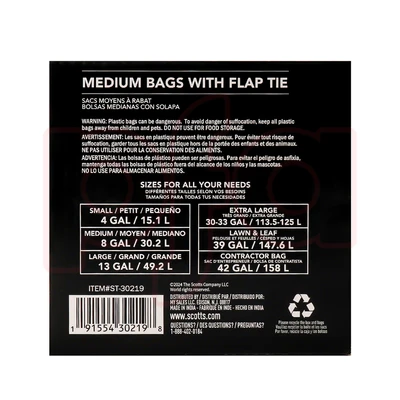 ST-30220, Flap Tie Trash Bag Box 8 Gal 150CT White Lemon - Scotts, 191554302204