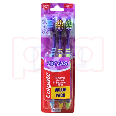 CTB-ZZ-3A, Colgate Toothbrush Zig Zag 3PK Deep Clean Soft, 8901314118936