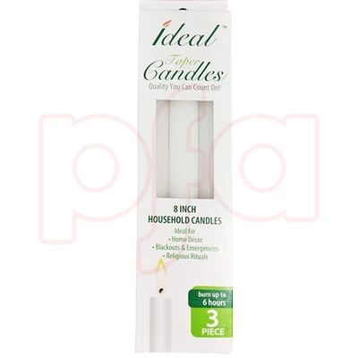 48300, Ideal Taper Candles 8in 3PK, 191554483002