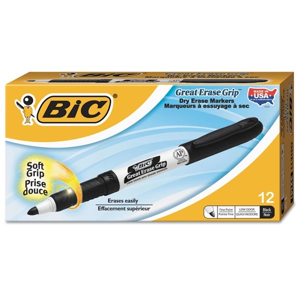 AB1245, BIC 12pc Dry Erase Marker Black Fine Point, 0070330321410