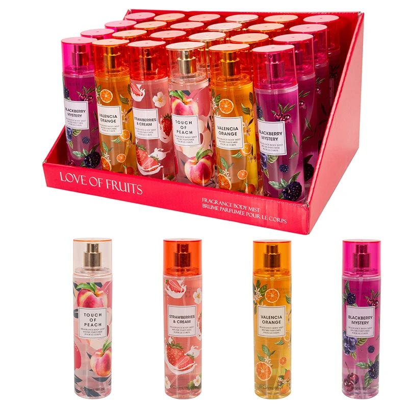 Women's Body Mist Display 8 oz/ 236 ml Love Of Fruits, 4 Scents Blackberry Mystery/Strawberries & Cream/Touch Of Peach/ Valencia Aorange - United Scents