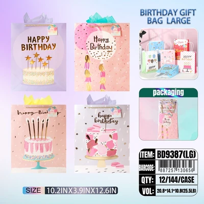 BD9387-LG, Birthday Gift Bags LG.Assorted x4 Styles 10.2"x3.9"x12.6", 887257130649