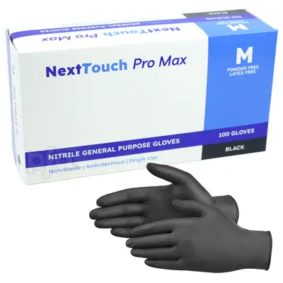 NG-NT-M, Next Touch Black Nitrile Exam Gloves 100CT Size: Medium, 810181040463