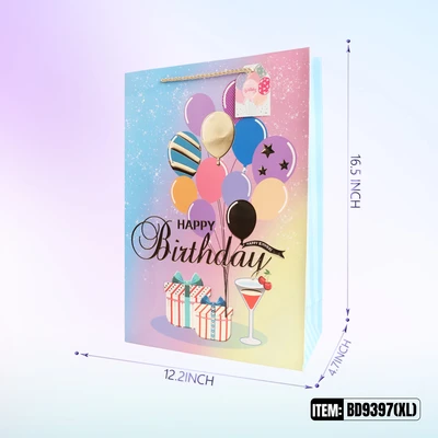 BD9397-XL, Birthday Gift Bags XL x4 Assted. 11.8"x4.7"x16.5", 887257130397