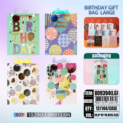 BD9394-LG, Birthdays Gift Bags LG. Assorted x4 Styles 10.2"x3.9"x12.6", 887257130472