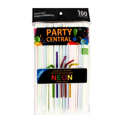 39100, Party Central Drinking Straw 100PK Individual Wrap, 191554391000